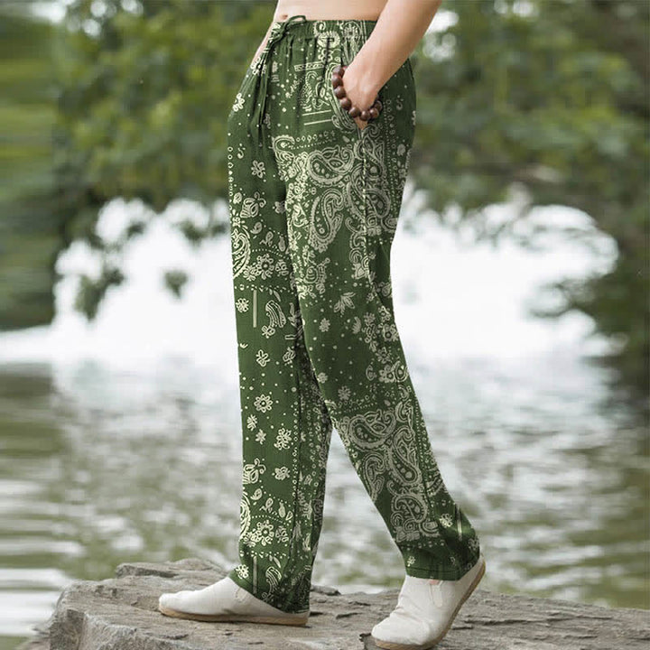 Buddha Stones Pantaloni da uomo affusolati con tasche, in cotone con motivo paisley a fiori di anacardi. - image 7