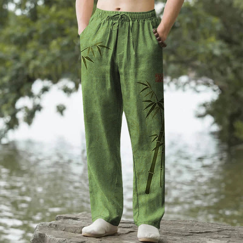 Buddha Stones Pantaloni da uomo affusolati con tasche, in cotone, con stampa a foglie di bambù. - Verde oliva - US/UK/AU50, EU60 (5XL) - image 0