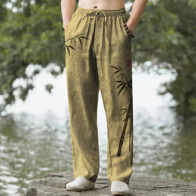 Buddha Stones Pantaloni da uomo affusolati con tasche, in cotone, con stampa a foglie di bambù. - Cachi scuro - US/UK/AU50, EU60 (5XL) - image 6