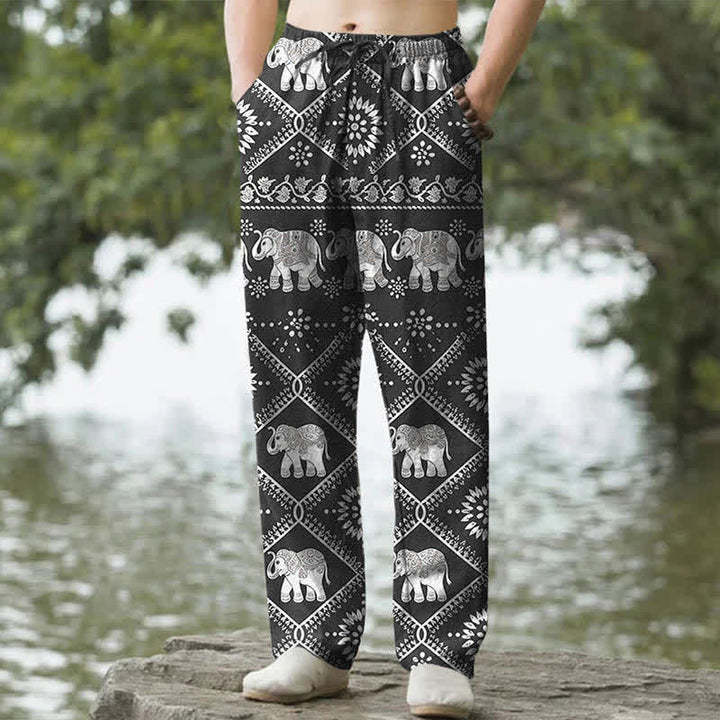 Buddha Stones Pantaloni da uomo affusolati in cotone con motivo mandala a elefanti e tasche. - Nero - US/UK/AU50, EU60 (5XL) - image 0