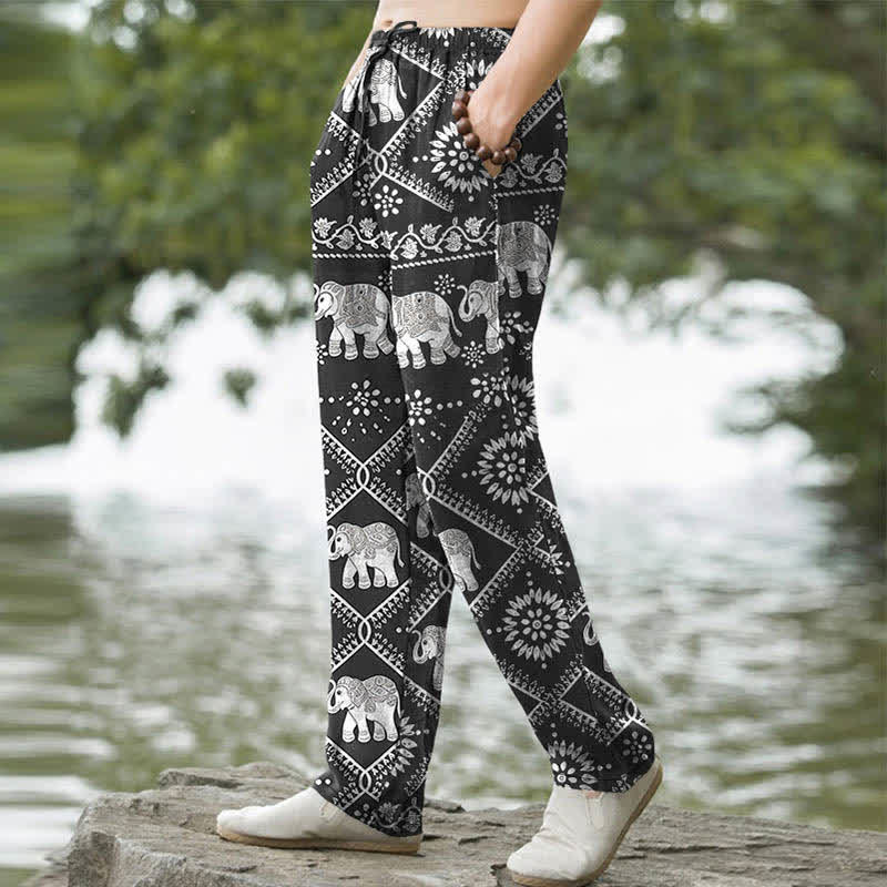 Buddha Stones Pantaloni da uomo affusolati in cotone con motivo mandala a elefanti e tasche. - image 1