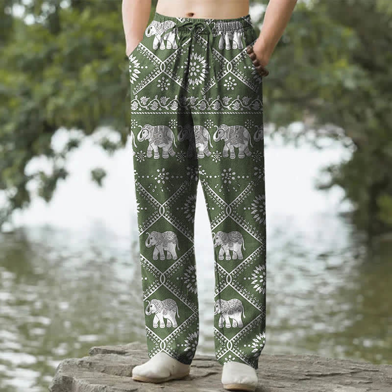 Buddha Stones Pantaloni da uomo affusolati in cotone con motivo mandala a elefanti e tasche. - Verde oliva - US/UK/AU50, EU60 (5XL) - image 4
