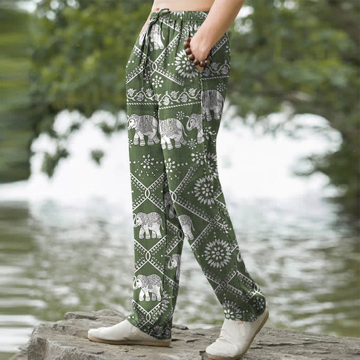 Buddha Stones Pantaloni da uomo affusolati in cotone con motivo mandala a elefanti e tasche. - image 5