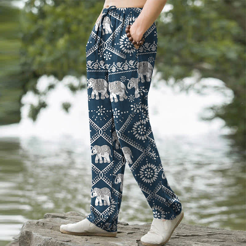 Buddha Stones Pantaloni da uomo affusolati in cotone con motivo mandala a elefanti e tasche. - image 7