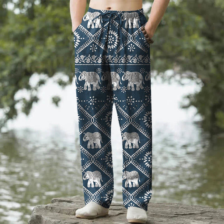 Buddha Stones Pantaloni da uomo affusolati in cotone con motivo mandala a elefanti e tasche. - Marina - US/UK/AU50, EU60 (5XL) - image 6