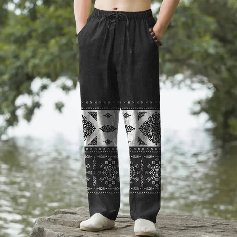 Buddha Stones Pantaloni da uomo affusolati con tasche, fantasia a mosaico e bandana in cotone. - Nero - US/UK/AU50, EU60 (5XL) - image 0