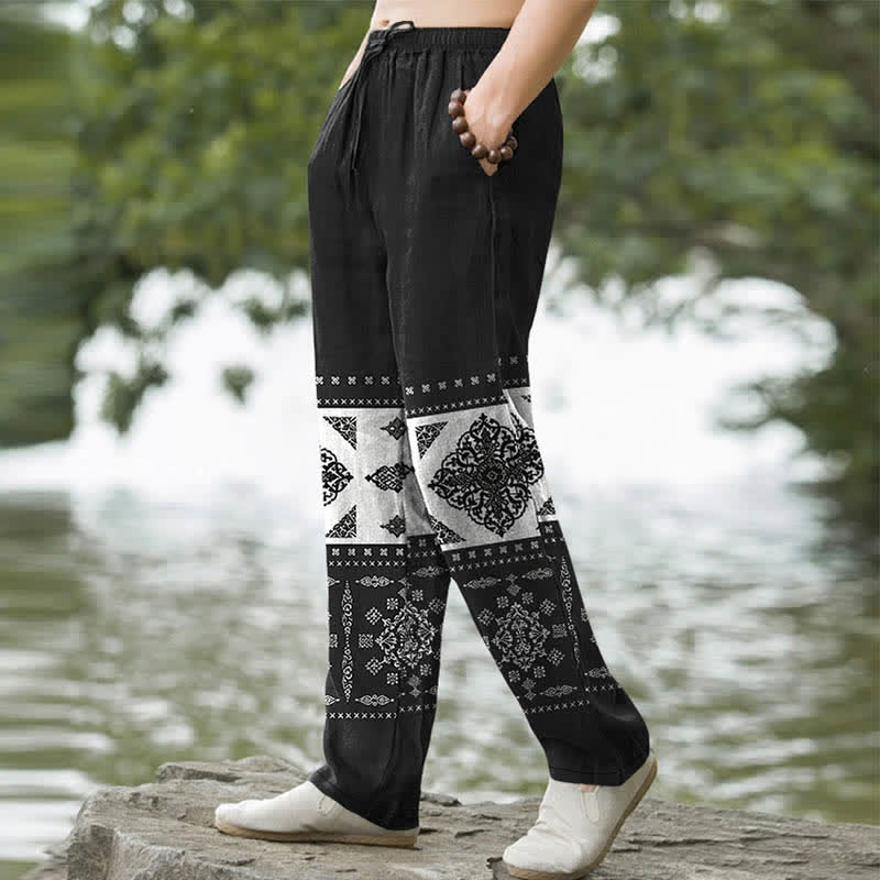 Buddha Stones Pantaloni da uomo affusolati con tasche, fantasia a mosaico e bandana in cotone. - image 1