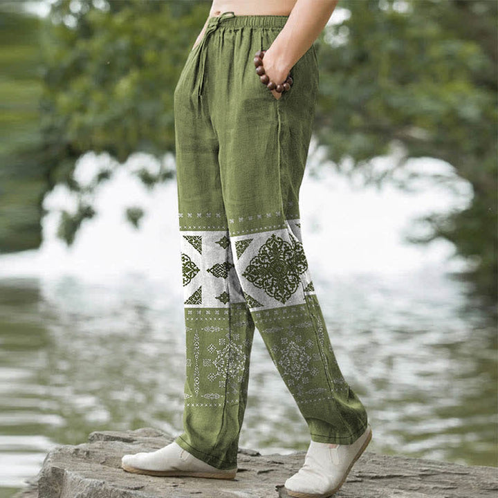 Buddha Stones Pantaloni da uomo affusolati con tasche, fantasia a mosaico e bandana in cotone. - image 5