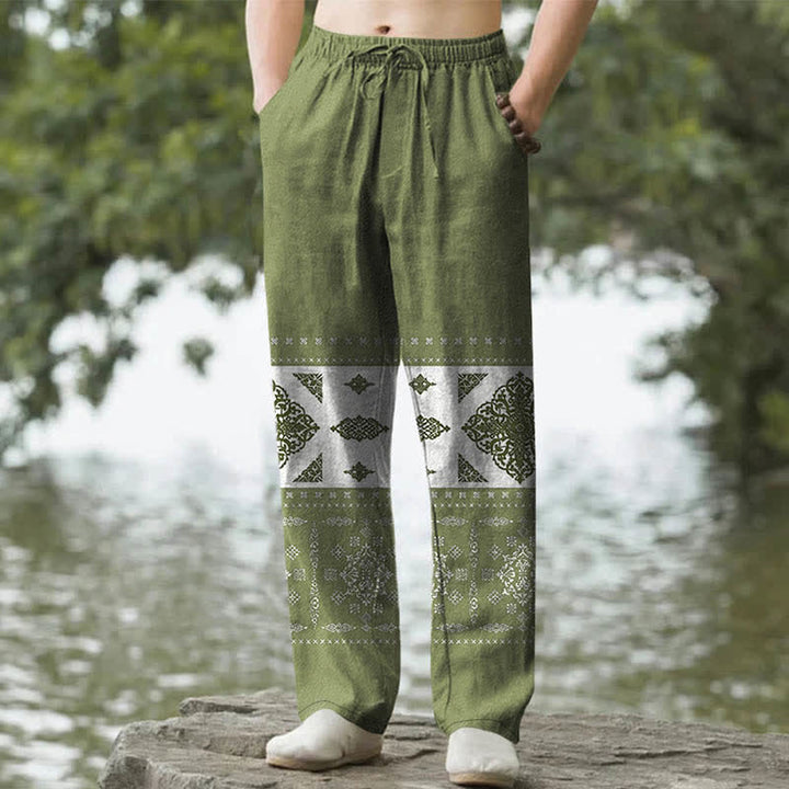 Buddha Stones Pantaloni da uomo affusolati con tasche, fantasia a mosaico e bandana in cotone. - Verde oliva - US/UK/AU50, EU60 (5XL) - image 4