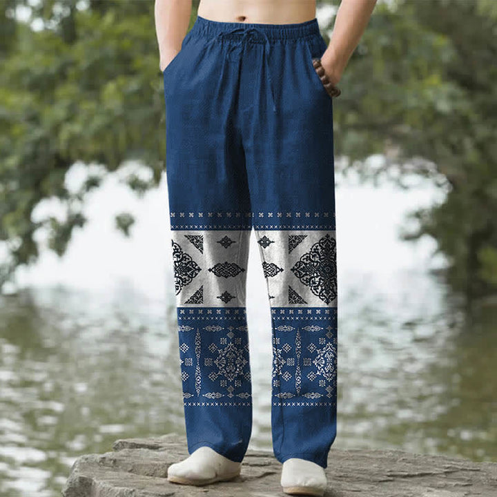 Buddha Stones Pantaloni da uomo affusolati con tasche, fantasia a mosaico e bandana in cotone. - Marina - US/UK/AU50, EU60 (5XL) - image 6