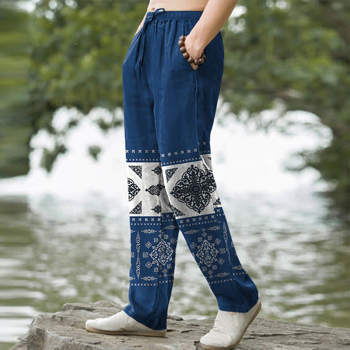 Buddha Stones Pantaloni da uomo affusolati con tasche, fantasia a mosaico e bandana in cotone. - image 7