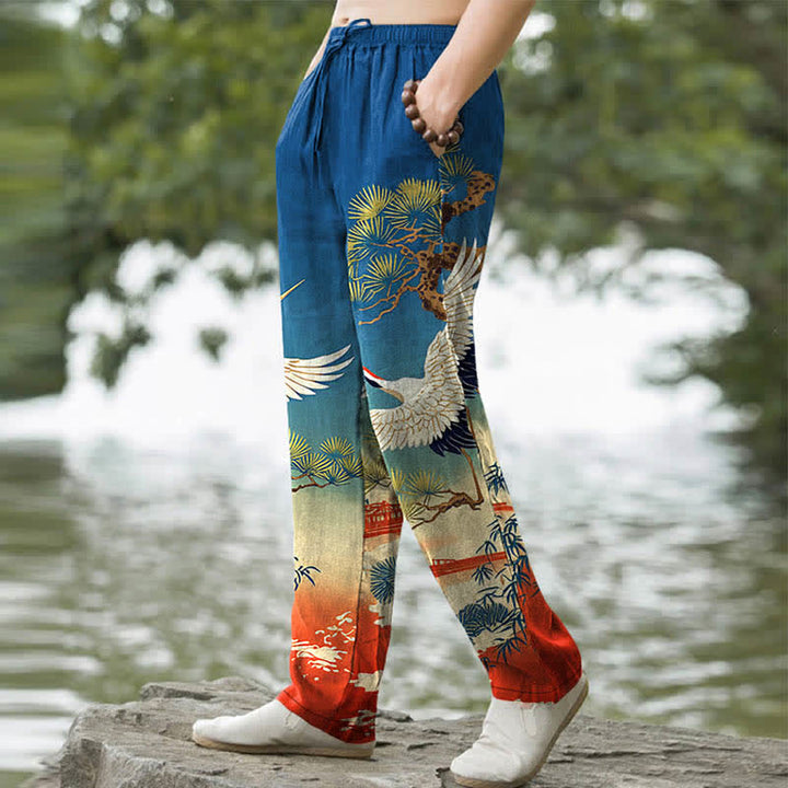 Buddha Stones Pantaloni da uomo affusolati con tasche, in cotone, con motivo paesaggistico "Crane Pine Temple". - image 5