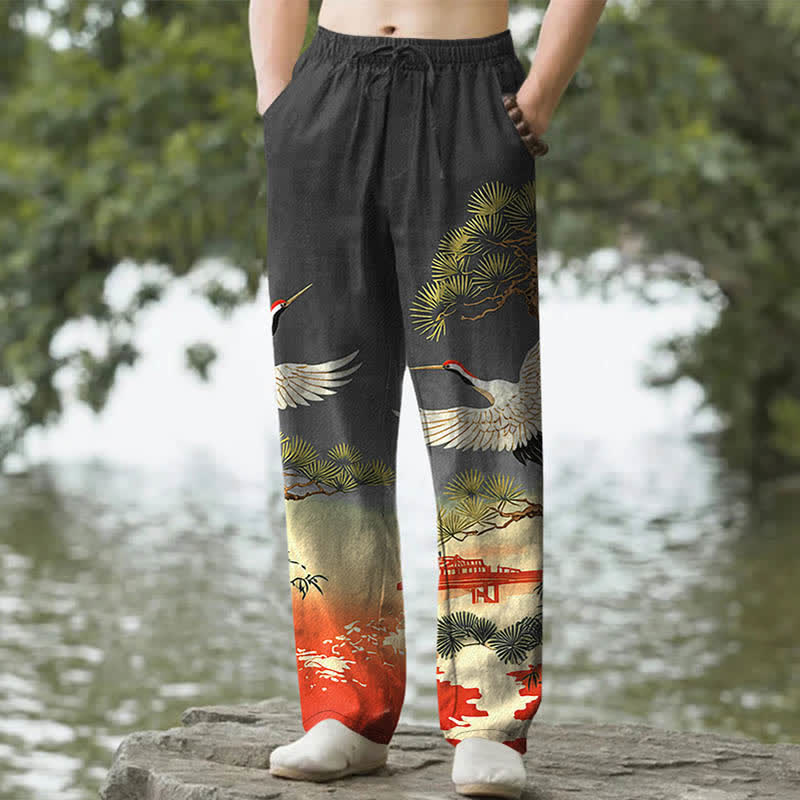 Buddha Stones Pantaloni da uomo affusolati con tasche, in cotone, con motivo paesaggistico "Crane Pine Temple". - Nero - US/UK/AU50, EU60 (5XL) - image 6