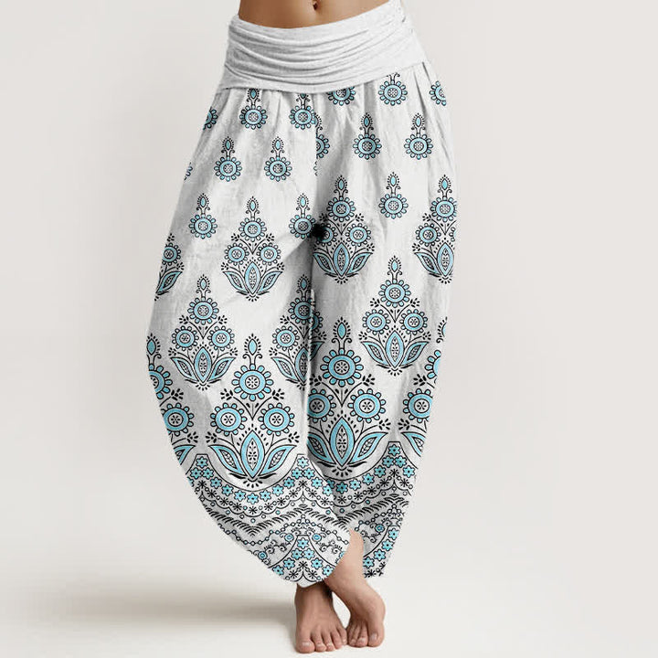 Buddha Stones Pantaloni harem da donna in puro cotone con motivo floreale mandala e vita elasticizzata. - Ciano - US16, UK/AU20, EU48 (3XL) - image 0
