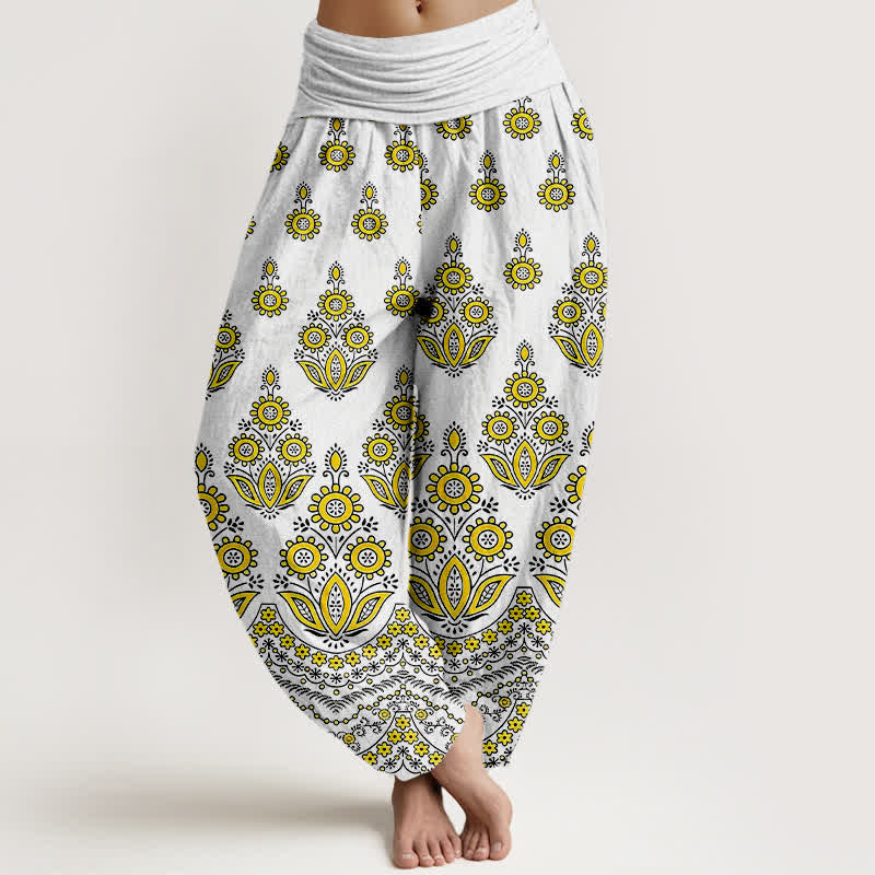 Buddha Stones Pantaloni harem da donna in puro cotone con motivo floreale mandala e vita elasticizzata. - Giallo - US16, UK/AU20, EU48 (3XL) - image 3