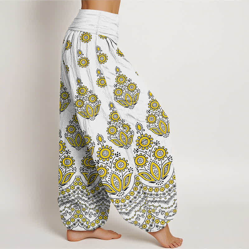 Buddha Stones Pantaloni harem da donna in puro cotone con motivo floreale mandala e vita elasticizzata. - image 4
