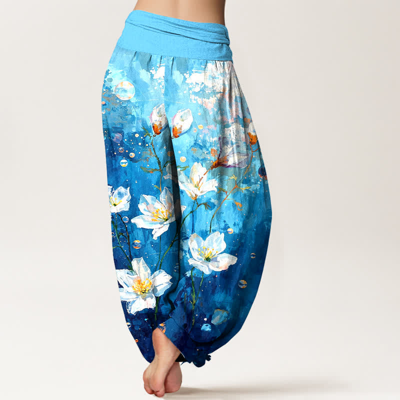 Buddha Stones Pantaloni harem da donna in puro cotone con motivo a loto bianco acquerellato e vita elasticizzata. - image 5