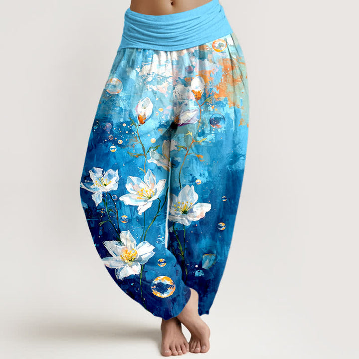 Buddha Stones Pantaloni harem da donna in puro cotone con motivo a loto bianco acquerellato e vita elasticizzata. - Turchese - US16, UK/AU20, EU48 (3XL) - image 3