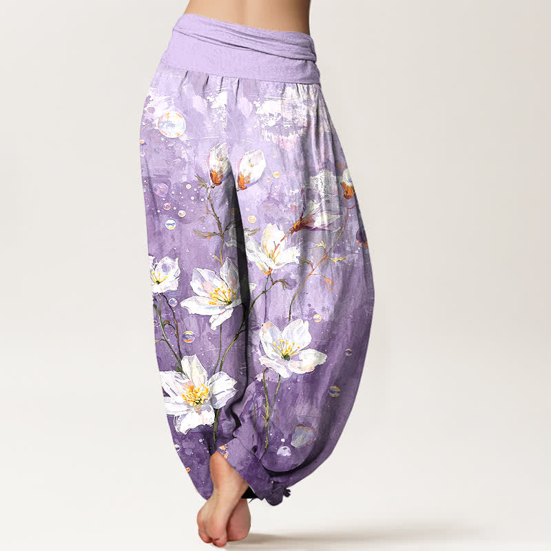 Buddha Stones Pantaloni harem da donna in puro cotone con motivo a loto bianco acquerellato e vita elasticizzata. - image 8