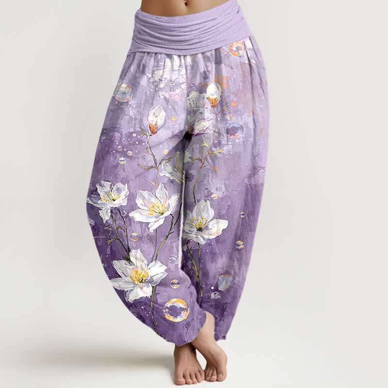 Buddha Stones Pantaloni harem da donna in puro cotone con motivo a loto bianco acquerellato e vita elasticizzata. - Lavanda - US16, UK/AU20, EU48 (3XL) - image 6
