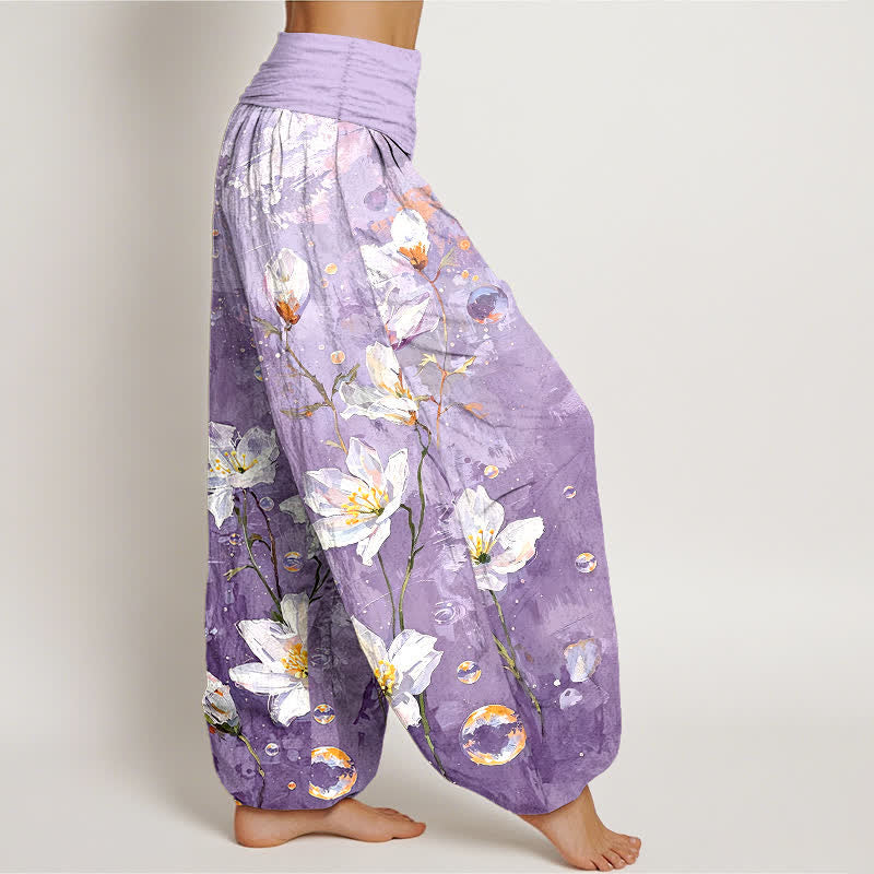 Buddha Stones Pantaloni harem da donna in puro cotone con motivo a loto bianco acquerellato e vita elasticizzata. - image 7