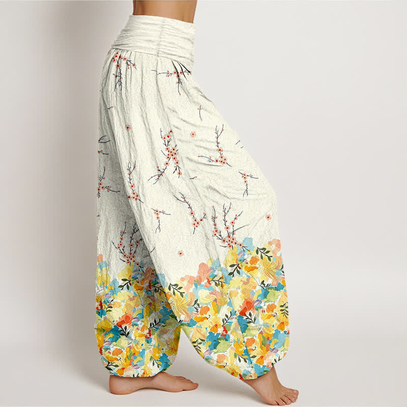 Buddha Stones Pantaloni harem da donna in cotone con motivo floreale boho a piccoli rami e elastico in vita. - image 1