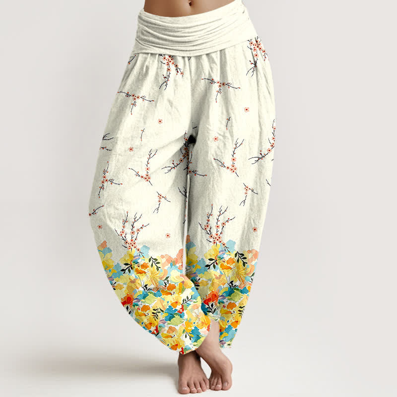 Buddha Stones Pantaloni harem da donna in cotone con motivo floreale boho a piccoli rami e elastico in vita. - Giallo - US16, UK/AU20, EU48 (3XL) - image 0