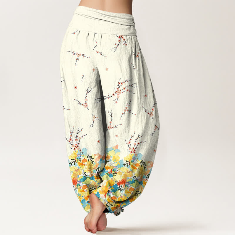 Buddha Stones Pantaloni harem da donna in cotone con motivo floreale boho a piccoli rami e elastico in vita. - image 2