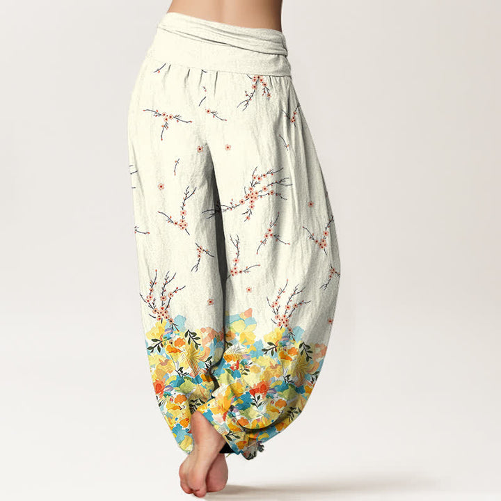 Buddha Stones Pantaloni harem da donna in cotone con motivo floreale boho a piccoli rami e elastico in vita. - image 2