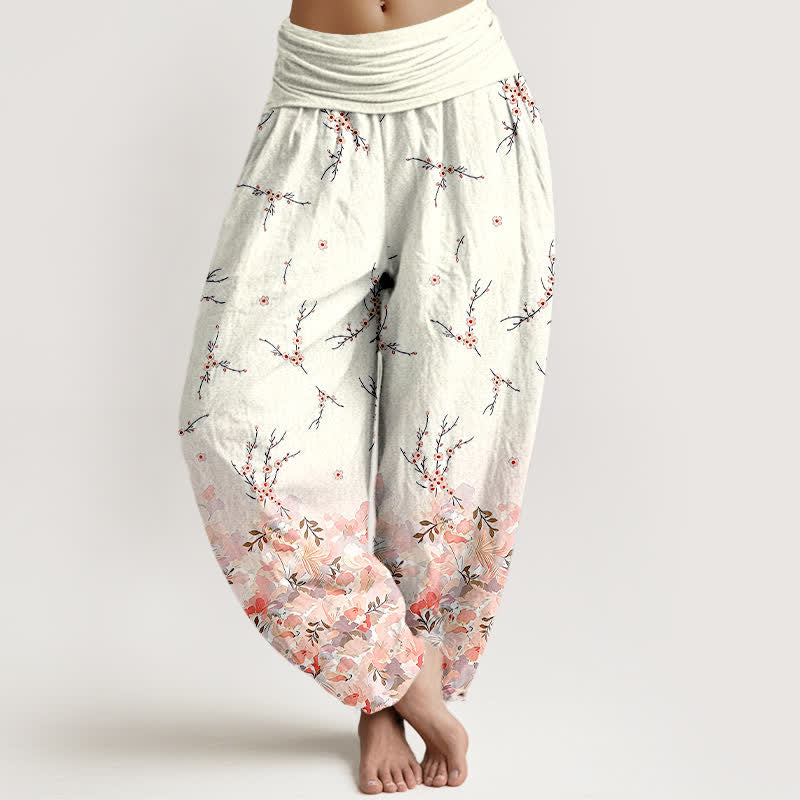 Buddha Stones Pantaloni harem da donna in cotone con motivo floreale boho a piccoli rami e elastico in vita. - Rosa - US16, UK/AU20, EU48 (3XL) - image 3