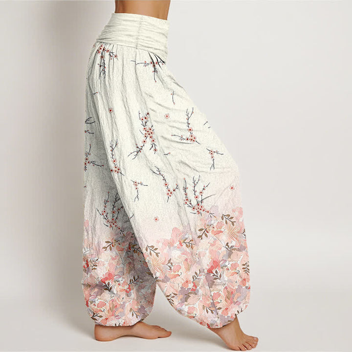 Buddha Stones Pantaloni harem da donna in cotone con motivo floreale boho a piccoli rami e elastico in vita. - image 4