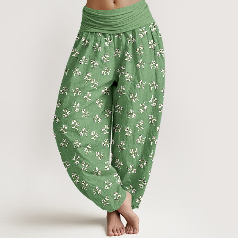 Buddha Stones Pantaloni harem da donna in cotone con stampa floreale bianca a piccoli motivi e vita elasticizzata. - Verde chiaro - US16, UK/AU20, EU48 (3XL) - image 3