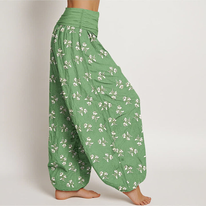 Buddha Stones Pantaloni harem da donna in cotone con stampa floreale bianca a piccoli motivi e vita elasticizzata. - image 4
