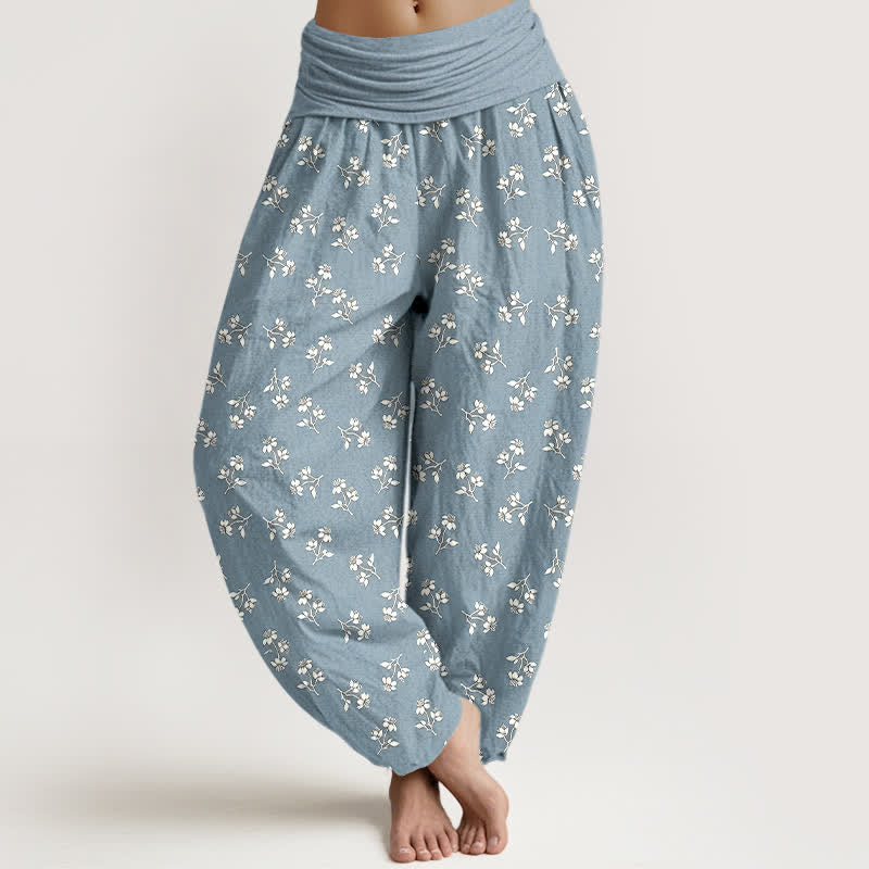 Buddha Stones Pantaloni harem da donna in cotone con stampa floreale bianca a piccoli motivi e vita elasticizzata. - Azzurro chiaro - US16, UK/AU20, EU48 (3XL) - image 6
