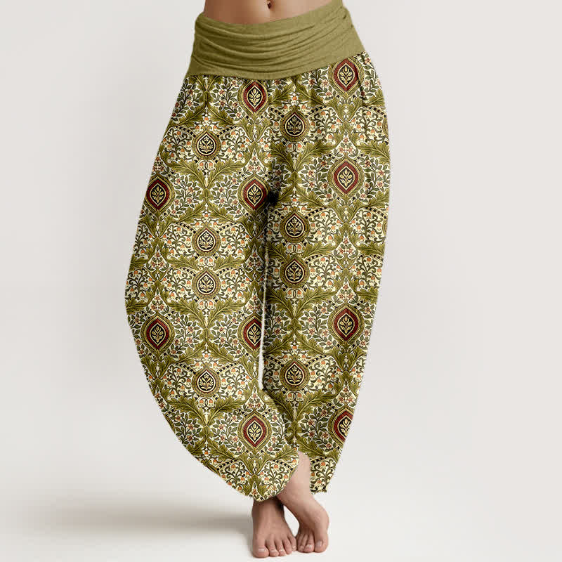 Buddha Stones Pantaloni harem da donna in puro cotone con motivo paisley a rombi e vita elasticizzata. - Oliva - US16, UK/AU20, EU48 (3XL) - image 0