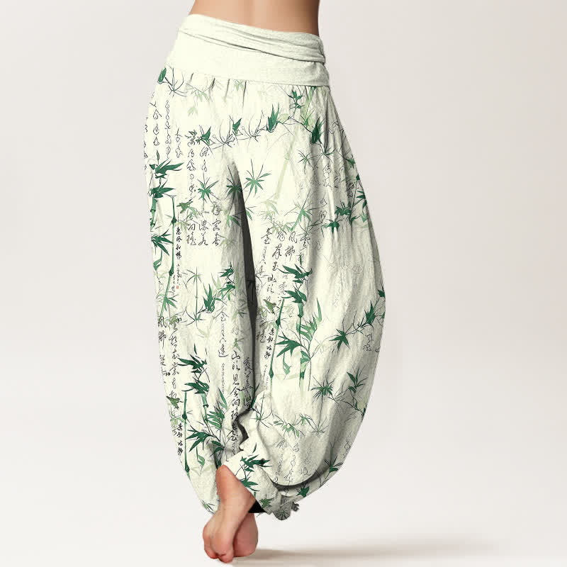 Buddha Stones Pantaloni harem da donna in puro cotone con elastico in vita e motivo calligrafico a foglie di bambù. - image 2