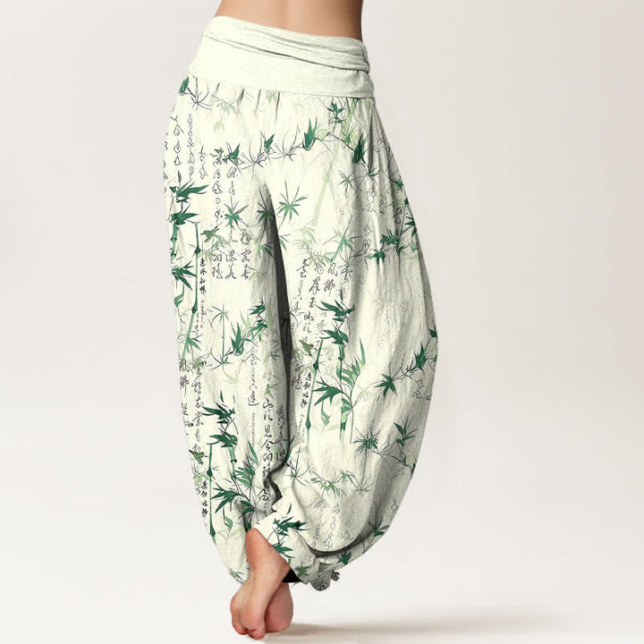 Buddha Stones Pantaloni harem da donna in puro cotone con elastico in vita e motivo calligrafico a foglie di bambù. - image 2