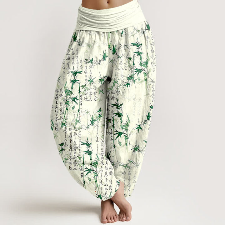 Buddha Stones Pantaloni harem da donna in puro cotone con elastico in vita e motivo calligrafico a foglie di bambù. - Verde - US16, UK/AU20, EU48 (3XL) - image 0