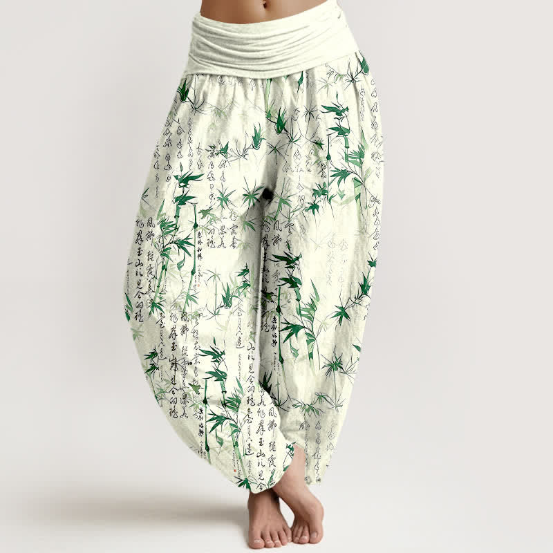Buddha Stones Pantaloni harem da donna in puro cotone con elastico in vita e motivo calligrafico a foglie di bambù. - Verde - US16, UK/AU20, EU48 (3XL) - image 0