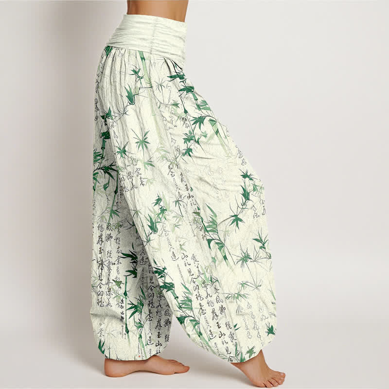 Buddha Stones Pantaloni harem da donna in puro cotone con elastico in vita e motivo calligrafico a foglie di bambù. - image 1