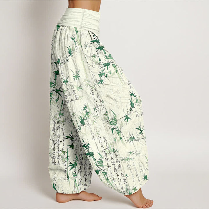 Buddha Stones Pantaloni harem da donna in puro cotone con elastico in vita e motivo calligrafico a foglie di bambù. - image 1