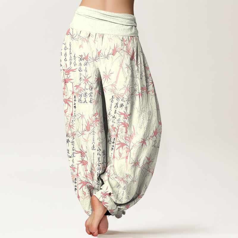 Buddha Stones Pantaloni harem da donna in puro cotone con elastico in vita e motivo calligrafico a foglie di bambù. - image 5