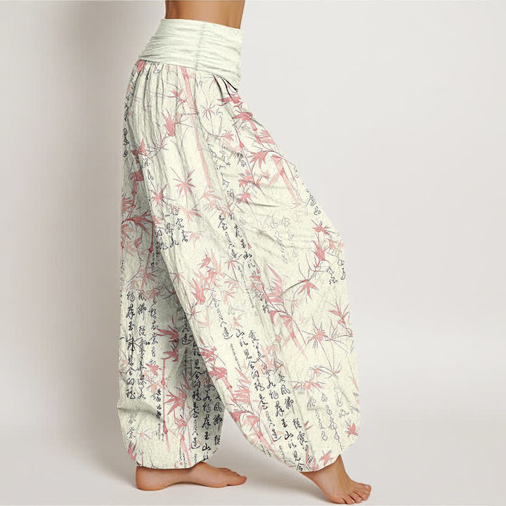 Buddha Stones Pantaloni harem da donna in puro cotone con elastico in vita e motivo calligrafico a foglie di bambù. - image 4