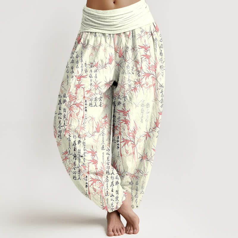 Buddha Stones Pantaloni harem da donna in puro cotone con elastico in vita e motivo calligrafico a foglie di bambù. - Rosa - US16, UK/AU20, EU48 (3XL) - image 3