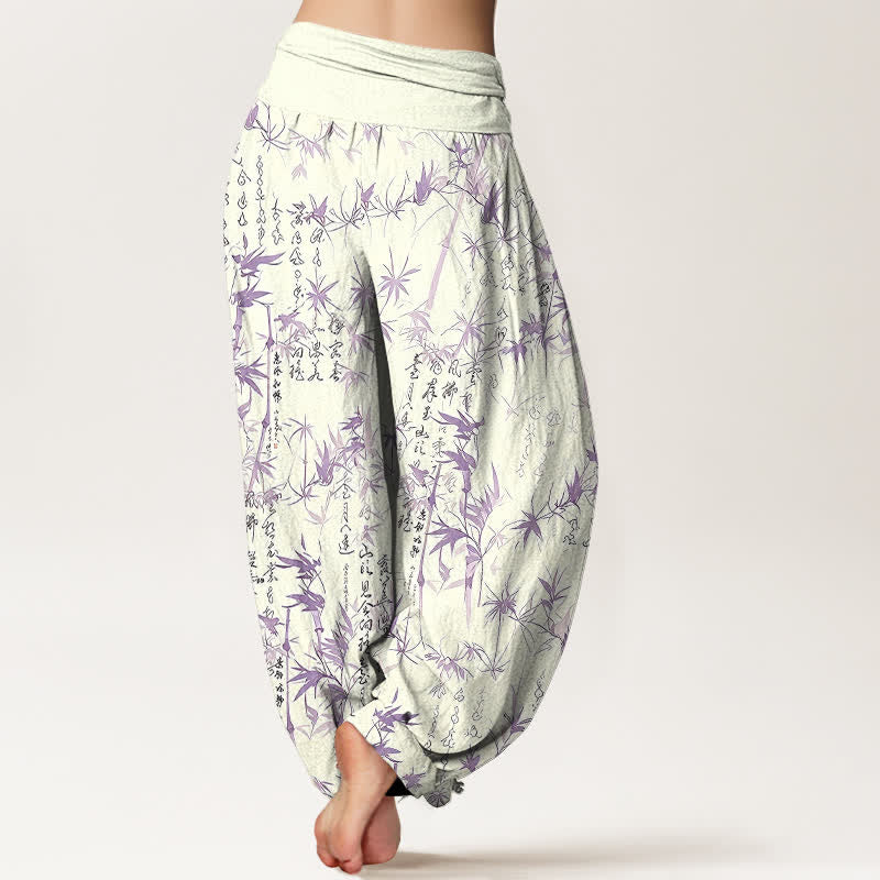 Buddha Stones Pantaloni harem da donna in puro cotone con elastico in vita e motivo calligrafico a foglie di bambù. - image 8