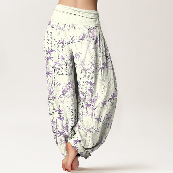 Buddha Stones Pantaloni harem da donna in puro cotone con elastico in vita e motivo calligrafico a foglie di bambù. - image 8