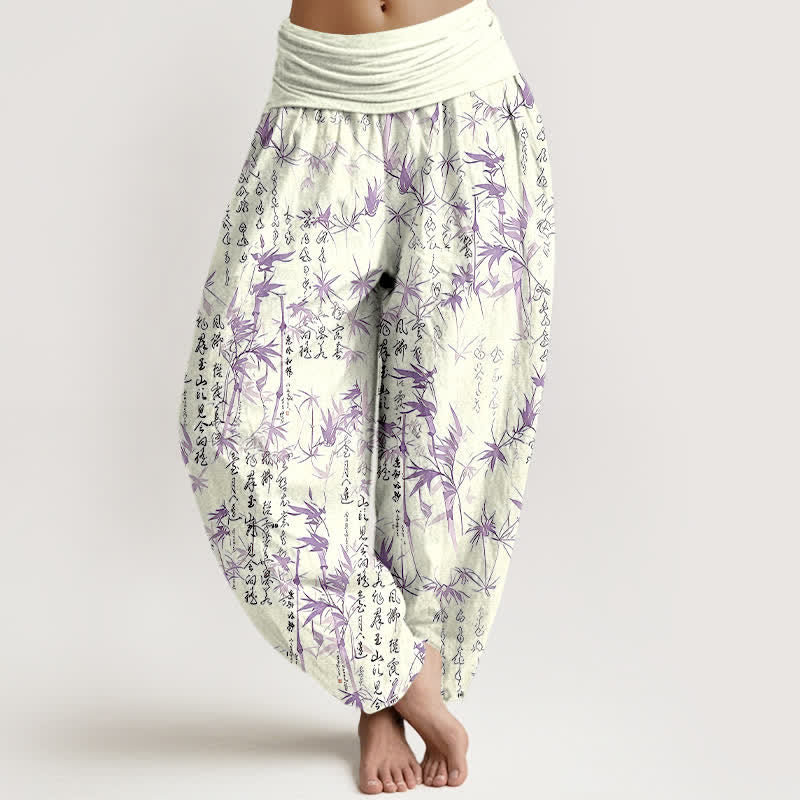 Buddha Stones Pantaloni harem da donna in puro cotone con elastico in vita e motivo calligrafico a foglie di bambù. - Orchidea scura - US16, UK/AU20, EU48 (3XL) - image 6