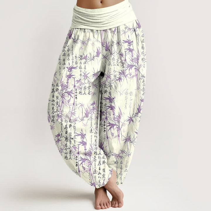 Buddha Stones Pantaloni harem da donna in puro cotone con elastico in vita e motivo calligrafico a foglie di bambù. - Orchidea scura - US16, UK/AU20, EU48 (3XL) - image 6