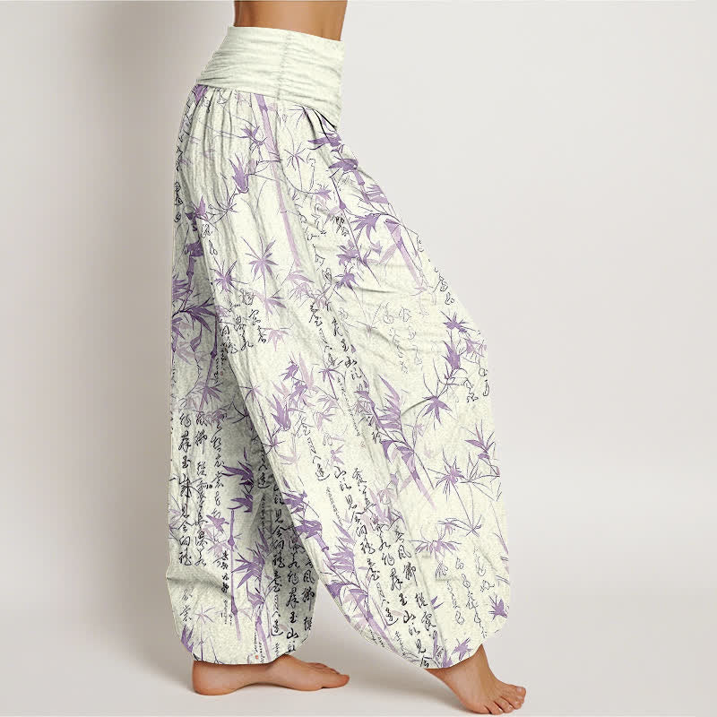 Buddha Stones Pantaloni harem da donna in puro cotone con elastico in vita e motivo calligrafico a foglie di bambù. - image 7