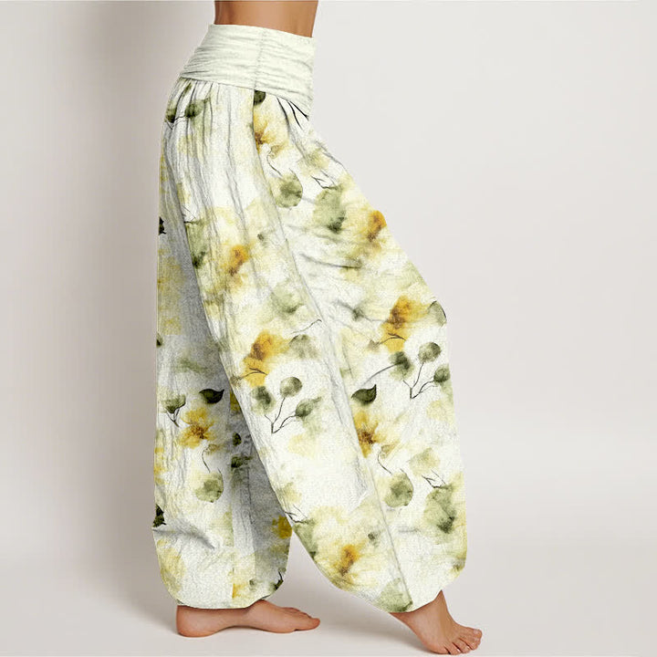 Buddha Stones Pantaloni harem da donna in cotone con motivo floreale ad acquerello e vita elasticizzata. - image 1